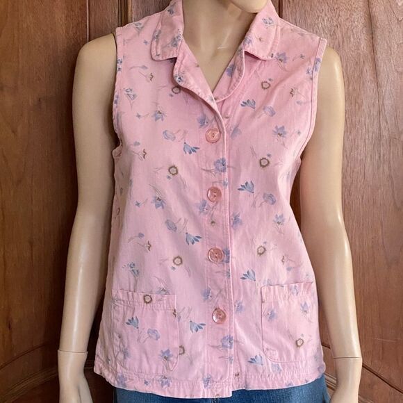 Vintage Vest Floral Cotton Denim Pink Button Front Collared Sleeveless Medium - Picture 1 of 7